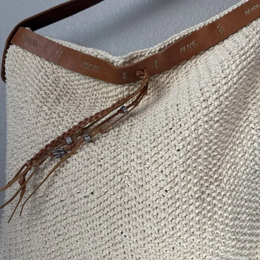 Lucky Brand Ivory Cotton Crochet Leather Trim Boho Hobo Shoulder Bag Purse Tote